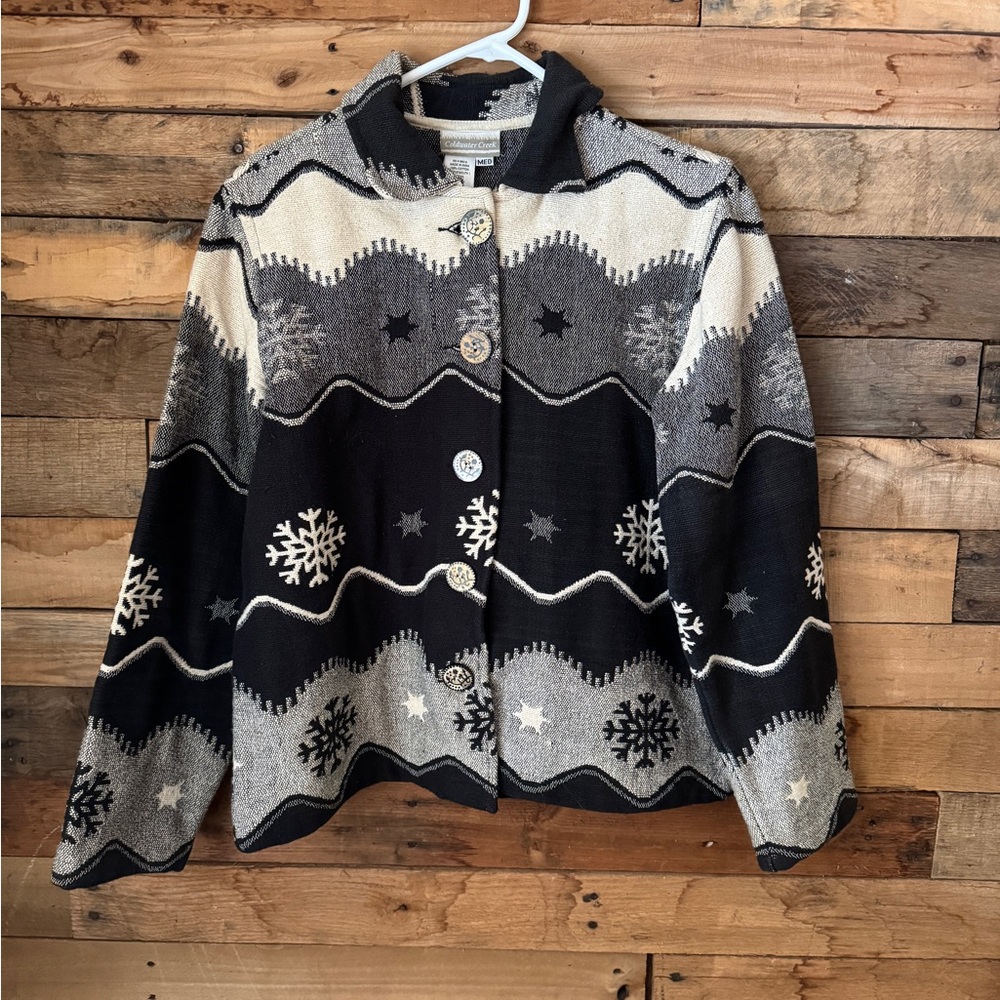 Coldwater Creek Black and Cream Snowflake Blazer Size Medium